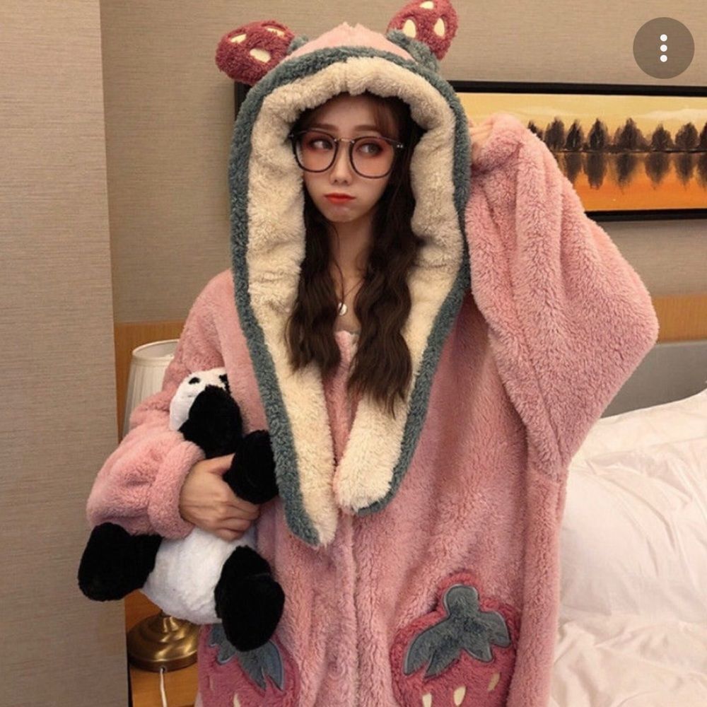 Gukoo pink plush strawberry hooded ears buttons front pajama robe L